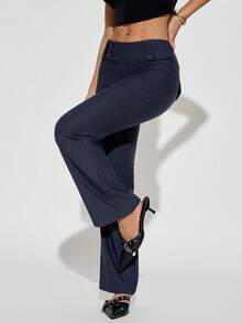 SHEIN PETITE Quần nữ màu trơn, kiểu dáng công sở, thời trang, đa năng, cạp chun, ống rộng, có túi, thích hợp cho đi làm, văn phòng, mùa xuân và mùa hè. - Màu xám đen - Xem 6