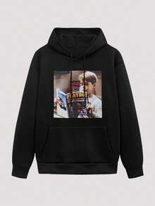 Open Phase 1pc Thermal Lined Graphic Hoodie For Men, Home Alone Themed Funny Print, Long Sleeve Casual Pullover Sweatshirt, Retro Style, Loose Fit Top - Black - View 1