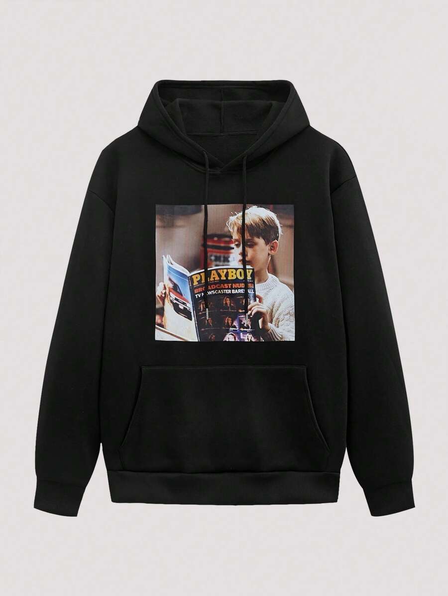 Open Phase 1pc Thermal Lined Graphic Hoodie For Men, Home Alone Themed Funny Print, Long Sleeve Casual Pullover Sweatshirt, Retro Style, Loose Fit Top - Black - View 1