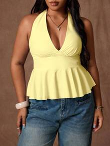 Rustia Áo không tay cổ chữ V sâu, viền bèo nhún, màu trơn dành cho nữ cỡ lớn, thích hợp mặc thường ngày hoặc đi làm. - Màu vàng ngỗng - Xem 4