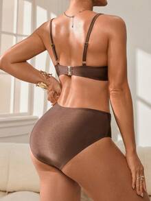 Swim DD+ Women's Sexy Underwire Push-Up DD+ Cup Bikini Set, Made Of Shiny Nylon Fabric With Resin Green Gemstone Strap, Suitable For Spring/Summer - Brown - View 2