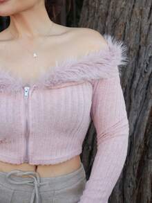 Lupita Cardoza 秋冬露肩毛绒短款粉色夹克 - 淺粉色 - 查看 6