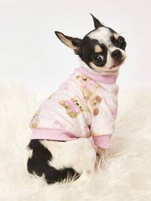 PETSIN 1件印花泰迪熊蝴蝶结法兰绒卫衣，宠物秋冬加厚保暖粉色款 - 粉色 - 查看 3