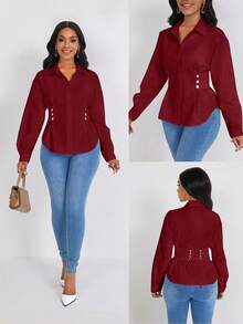 SHEIN LUNE Women Solid Color Long Sleeve Fitted Shirt, Minimalist Style, Suitable For Commuting, Autumn - Red - View 4