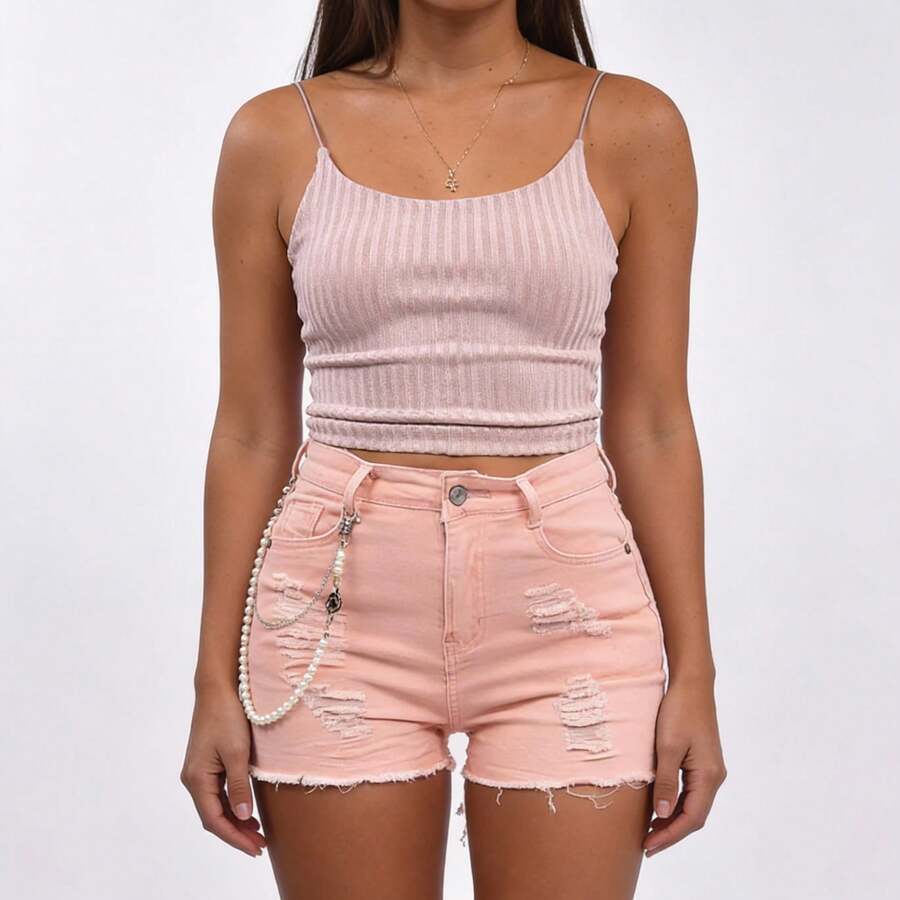 Shorts de Mezclilla Con Desgarre Para Mujer - Rosa Pálido - Ver 1