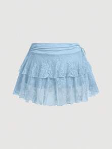 SHEIN MOD 大码女式黑色蕾丝抽绳腰迷你裙，新年、锐舞派对、Y2K风格服装、性感半身裙、西部风女装、夏季女装、乡村风服装、情人节、邮轮度假性感装扮 - 藍色 - 查看 2