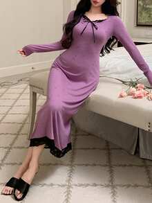 DAZY 女士长款睡裙，饰有蝴蝶结图案，撞色蕾丝拼接，收腰设计，适合秋冬季穿着。 - 淺灰紫 - 查看 6