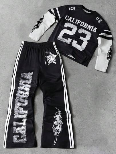 PAVTROS Men's Contrast Color Letter Print Crew Neck Long Sleeve T-Shirt And Pants Casual Suit