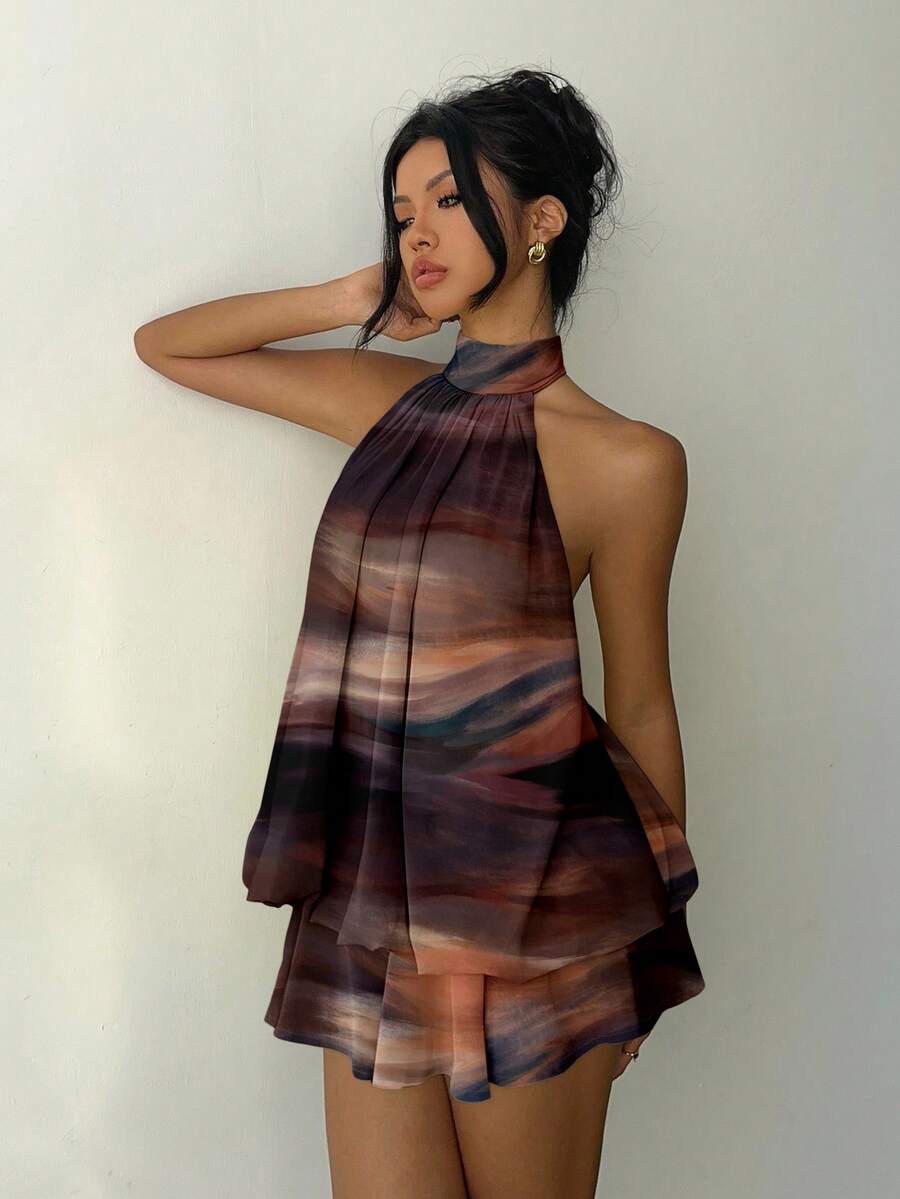 Aloruh Đầm ngắn cổ yếm buộc dây, họa tiết chuyển màu thanh lịch dành cho nữ, thích hợp dự tiệc. Đầm sang trọng cho nữ, đầm dự tiệc cho nữ. Hoàn hảo cho mùa xuân và mùa hè, kỳ nghỉ, đám cưới và tiệc trà chiều. - Nhiều màu - Xem 1