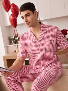 CoupledUp 情侣格子印花休闲INS风简约红色睡衣套装，适合居家穿着 - 紅色 - 查看 6
