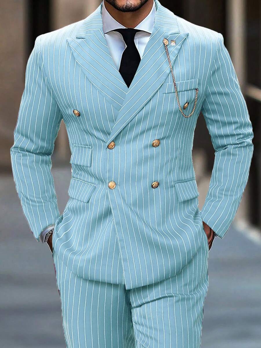 Manfinity Mode Men's Striped Print Peak Collar Double-Breasted Suit Jacket And Pants Set, Business/Party/Banquet - Blue - View 1
