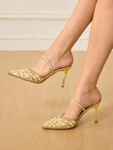 CUCCOO HITCHD 女士尖头仿珍珠装饰优雅日常百搭时尚高跟鞋 - 金色 - 查看 2