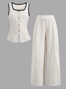 SHEIN Tween Girl Framed Collar Single-Breasted Vest And Wide-Leg Pants Casual Suit - Apricot - View 8