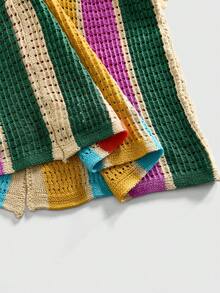 ROMWE MEN Street Life Men's Striped Lapel Single-Breasted Hollow Casual Versatile Daily Wear Knit Short Sleeve Top - Multicolor - View 5