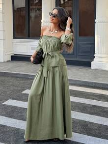 Breezaya 女士两件套露肩灯笼袖收腰A字宽松休闲度假套装，适合春夏穿着 - 軍綠色 - 查看 4