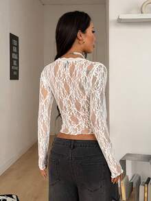 Coolane 女士春夏街头风锐舞节波西米亚西部风Y2K辣妹蕾丝深V领长袖上衣 - 白色 - 查看 6