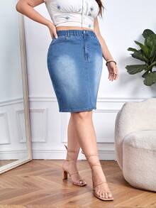 EMERY ROSE Minifalda de mezclilla casual con cintura elástica y bolsillos para mujer de talla grande - Azul lavado medio - Ver 6
