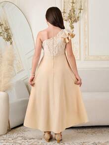 SHEIN 1pc Tween Girls' Elegant Lace Mesh Embroidered Asymmetric Hem Slip Dress, Suitable For Daily, Party, Wedding, Spring/Autumn - Apricot - View 2