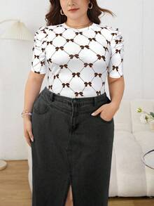 SHEIN Privé Plus Size Women's Bow Print Round Neck Short Puff Sleeve Fashionable T-Shirt - Coffee Brown - View 6