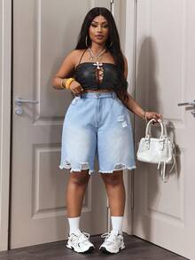 Slaydiva Women's Fashionable Commuter Casual Straight Leg Denim Shorts, Plus Size, Spring & Summer - Light Wash - View 7