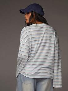 Athîral 女士休闲日常通勤撞色条纹数字蝴蝶结印花宽松落肩T恤，春秋季 - 彩色 - 查看 2