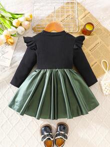 SHEIN Baby Girl Colorblock Bow Decor Dress - Green - View 2