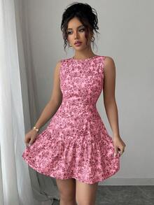 Elenzga Đầm ngắn không tay kiểu Bohemian in hoa, thắt eo, thiết kế Pháp thanh lịch, phù hợp cho mùa tốt nghiệp và trang phục mùa hè. - Hồng - Xem 4