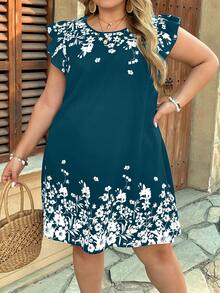 SHEIN VCAY Đầm nữ cỡ lớn in hoa, cổ tròn, tay ngắn, kiểu dáng thường ngày. - Màu xanh lam - Xem 6