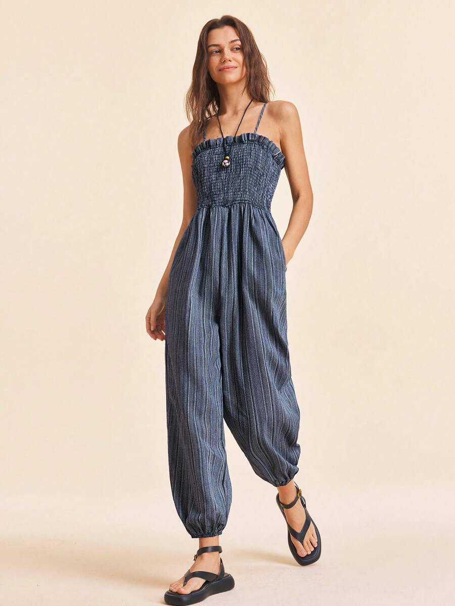 Coeurva 女士度假条纹吊带荷叶边连体裤 - 灰色 - 查看 1