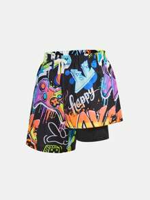 SHEIN 青少年男童休闲百搭舒适电子游戏及街头图案印花拼接宽松内衬泳裤沙滩裤 - 黑色 - 查看 3