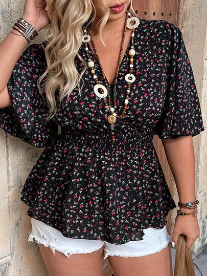 Ceyna Plus Size V-Neck Criss-Cross Flare Sleeve Short Sleeve Butterfly Sleeve Elastic Waist Loose Hem Women Blouse