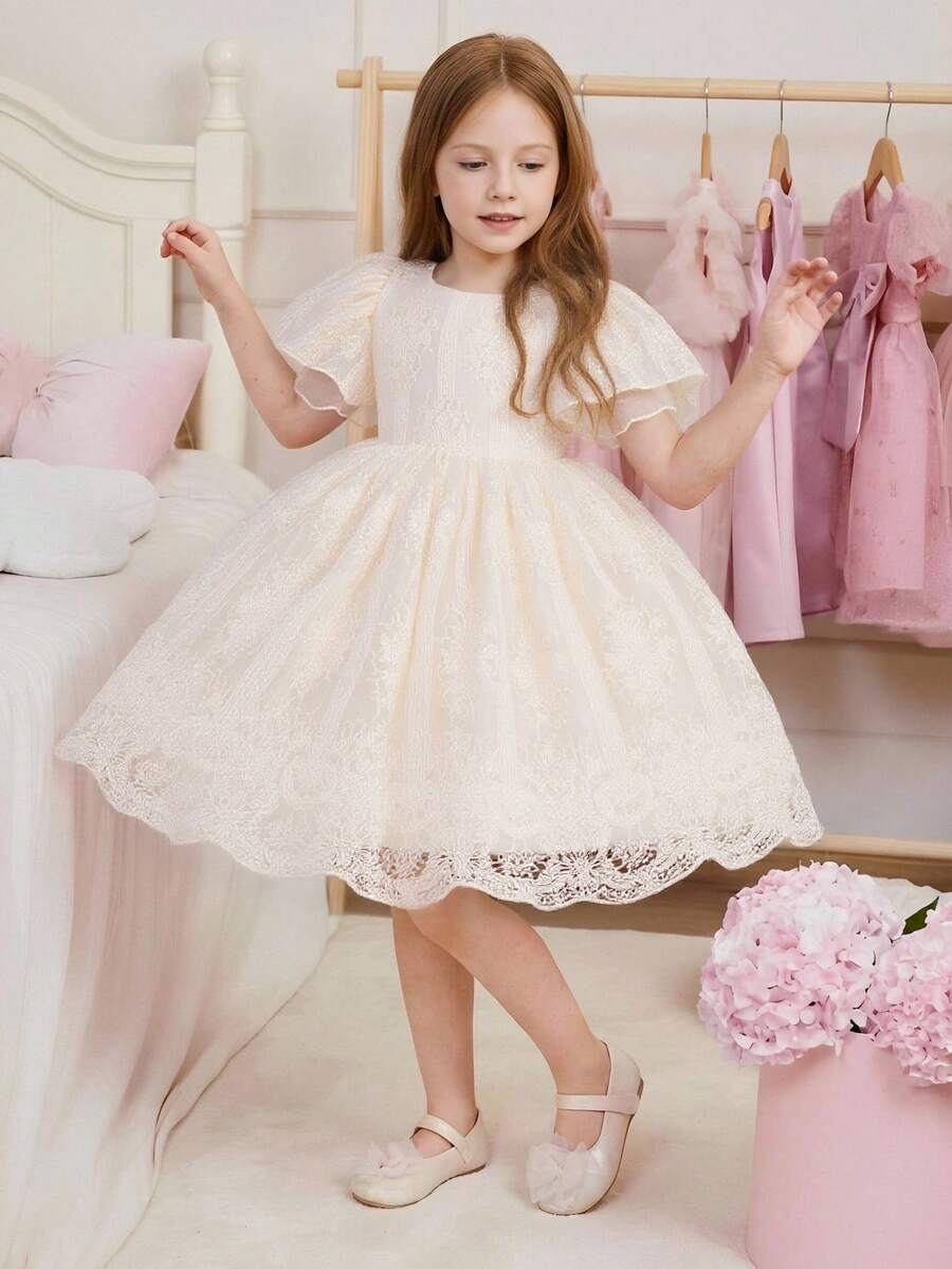 Glamorique Kids Đầm dự tiệc midi màu mơ thanh lịch cho bé gái với cổ tròn và tay phồng, đầm midi dự tiệc màu trắng ngà cho bé gái, cổ tròn, tay phồng lửng, gấu xòe, chất liệu jacquard, thích hợp mặc hàng ngày, đầm công chúa cho bé gái, đầm, thời trang xuân/hè 26, mềm mại, lễ hội, đầm màu mơ, trang phục mùa hè, đầm mùa hè, vải organza jacquard lễ hội, đầm dạ hội, đầm jacquard thanh lịch, thích hợp cho các bữa tiệc sang trọng và các dịp đặc biệt ở Trung Đông, Châu Âu và Mỹ. - Màu be - Xem 1