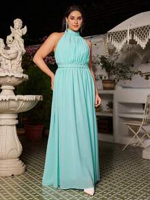 VOLUPTÉ CURVE Plus Size Light Blue Summer Elegant Wedding Guest Chiffon High Neck Sleeveless Waist-Cinching Rhinestone Long Dress For Vacation,Evening Dinner,Brunch - Mint Green - View 6