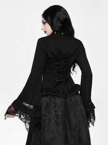 ROMWE EDITION 哥特风蕾丝喇叭袖下摆女式衬衫，适合万圣节装扮 - 黑色 - 查看 12