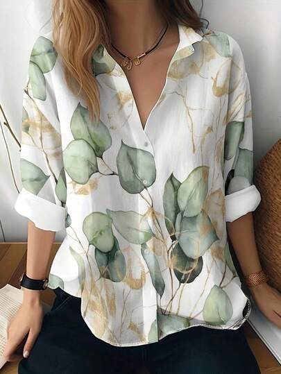EMERY ROSE Women's White And Green Eucalyptus Print Front Button Shirt - Long Sleeved Shirt, Machine Washable For Spring And Autumn Casual And Professional Wear, Green Leaf Pattern Front Button Shirt Women Blouses Summer Flower Shirt Casual Blouse Summer Blouse Women Shirts Summer
