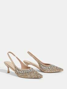 CUCCOO TILAWA Tacones de satén con punta abierta y strass plateados para bodas para mujeres para Navidad - Dorado - Ver 4