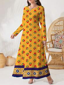 Al Najma 大码女式黄色碎花优雅V领长袖针织连衣裙，适合约会、度假、日常穿着、休闲、派对、节日等场合，大码秋季女士长裙，飘逸连衣裙，碎花长裙/复古连衣裙，碎花连衣裙，黄色连衣裙，拼接碎花连衣裙，连衣裙，大码连衣裙 - 黃色 - 查看 7