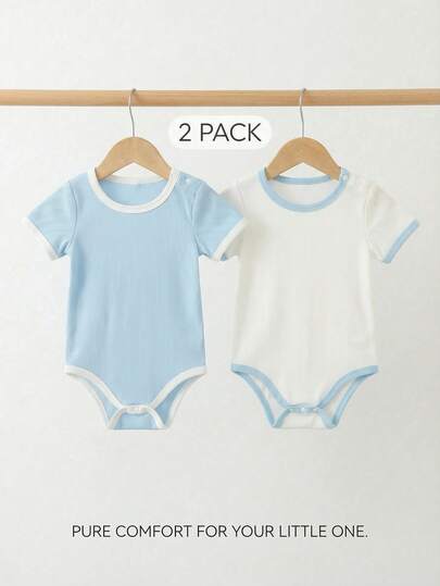 SHEIN Playful Pals 2 Pack Baby Boys Cute Bodysuit Blue White Solid Color Contrast Trim Short Sleeve Romper Soft Infant Toddler Basic Jumpsuit Casual One Piece Overall Clothes Baby Boy Clothes For Daily Wear Summer Baby Unisex Clothes Sets Baby Boys 2pcs 2 Pc Set Baby Boy Neutral Baby Clothes Unisex