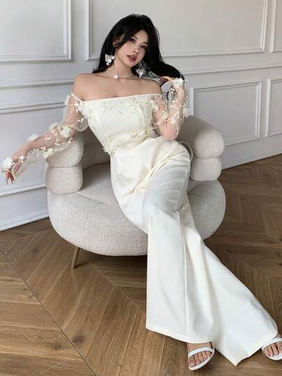 Celisse 女士优雅3D立体花卉装饰露肩长袖连体裤
