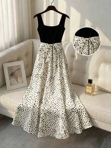 Franclia 夏季新款简约纯黑色无袖背心搭配高腰渐变波点长裙，显瘦拉长身形，适合通勤、约会、休闲场合，弹性腰带搭配同色腰带，轻盈面料，夏季必备单品，百搭时尚/优雅长裙 - 黑與白 - 查看 1