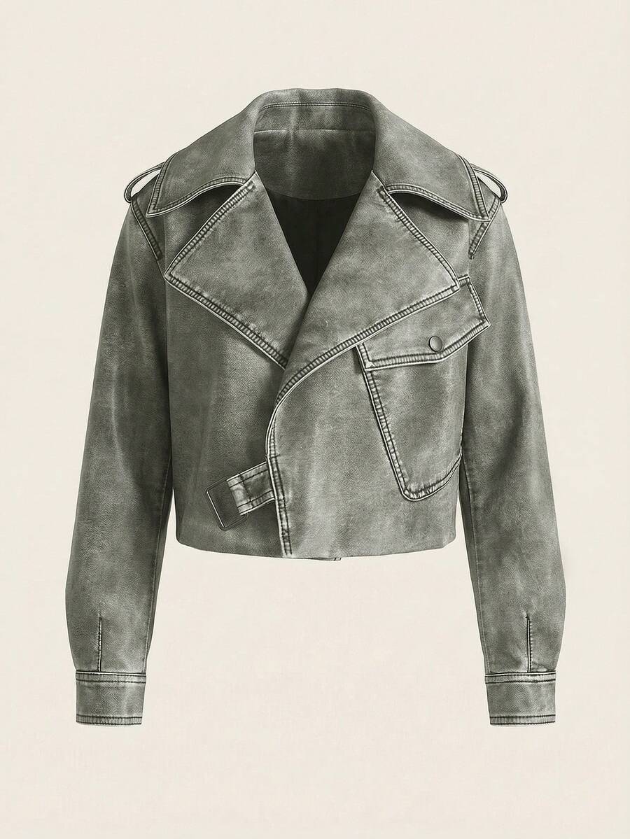 EMERY ROSE Vintage Distressed Cropped Zip Up Moto Jacket - Grey - View 1