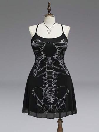 Plus Size Vintage Romantic Dark Gothic Skeleton Bone Corset Strap Dress