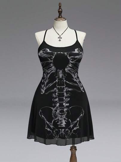 Plus Size Vintage Romantic Dark Gothic Skeleton Bone Corset Strap Dress