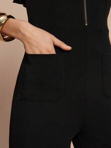 Leighera Bộ jumpsuit đen ôm sát người, trang trí khóa kéo, viền bèo nhún thanh lịch. - màu đen - Xem 6