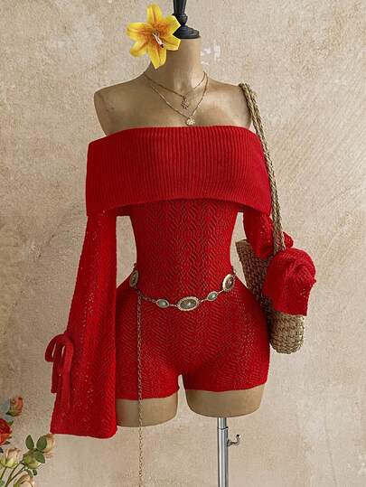 Soleia Women's Vacation Beach Solid Color Off-Shoulder Hollow-Out Knitted Romper  New Year Dress Elegant Dresses For Party Red Dress  Elegant Dresses For Party Red Dress For Women Sweater