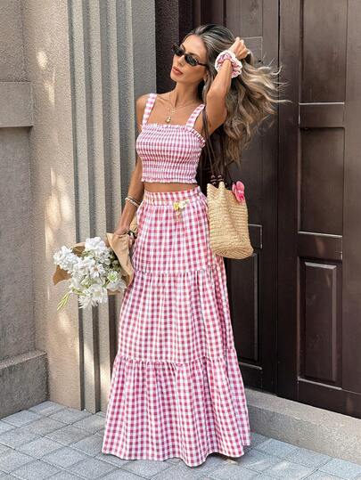 SHEIN PariChic Women's Casual Plaid Camisole & Skirt 2 Pieces Set