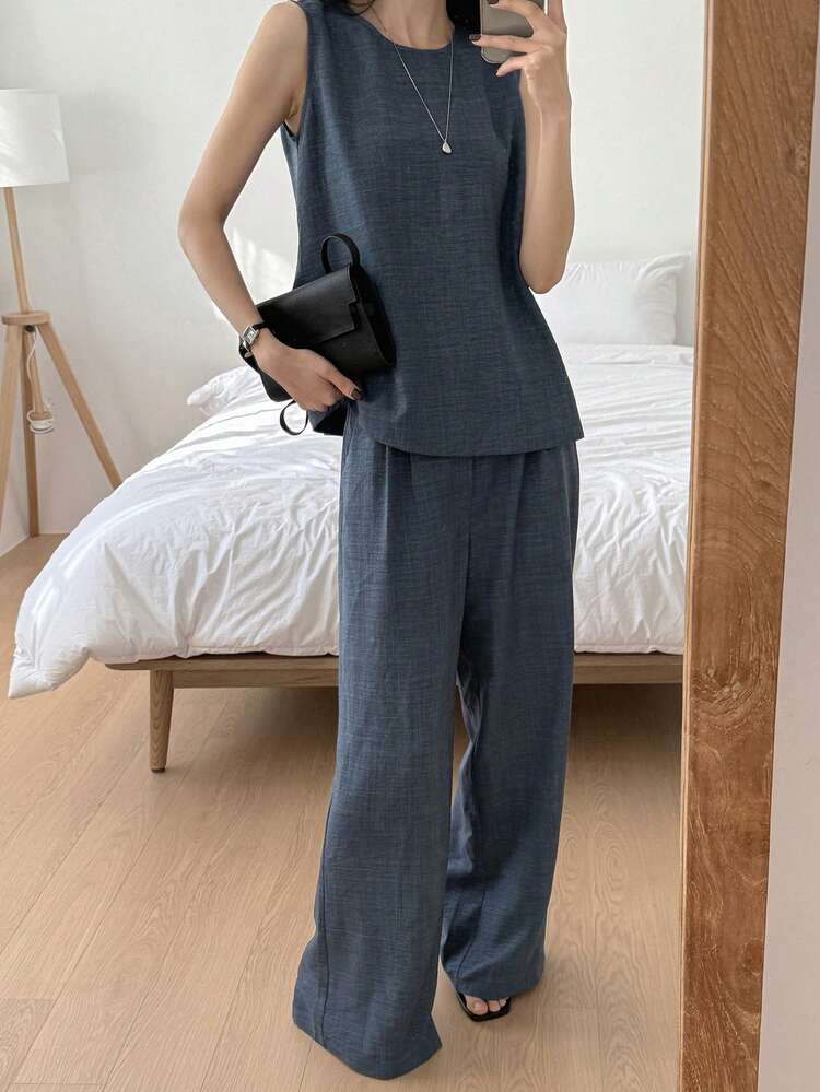 2pcs/Set Women Solid Color Sleeveless Casual Tank Tops, Minimalist Style For Daily Wear Summer Lounge Sets For Women