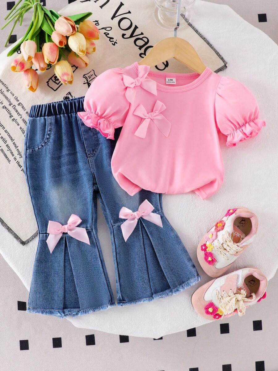 两件套女婴粉色针织短泡泡袖蝴蝶结T恤上衣和带口袋的牛仔喇叭裤，休闲日常甜美女童夏季服装 - 粉色 - 查看 1