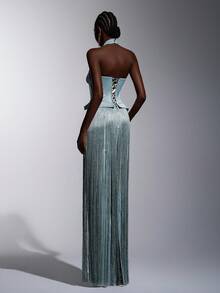 Elitara Elegant, Romantic, Fashionable, Dignified Gray-Green Sequin Fabric Satin Splice Halter Mermaid Hem Elegant Party Dress, Wedding Guest Dress, Green Dress, Fashionable Elegant Wedding Guest Formal Evening Gown - Green - View 2