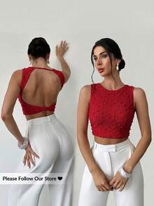 Firerie Women's Apricot Crew Neck Sleeveless Backless T-Shirt Top, Textured Fabric Top, Summer Top, Women's Casual Vacation Top - Red - View 1